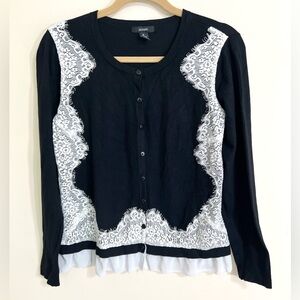 ALFANI Women’s Mixed Media Cardigan Lace Ruffle M Whimsigoth Dark Feminine Black